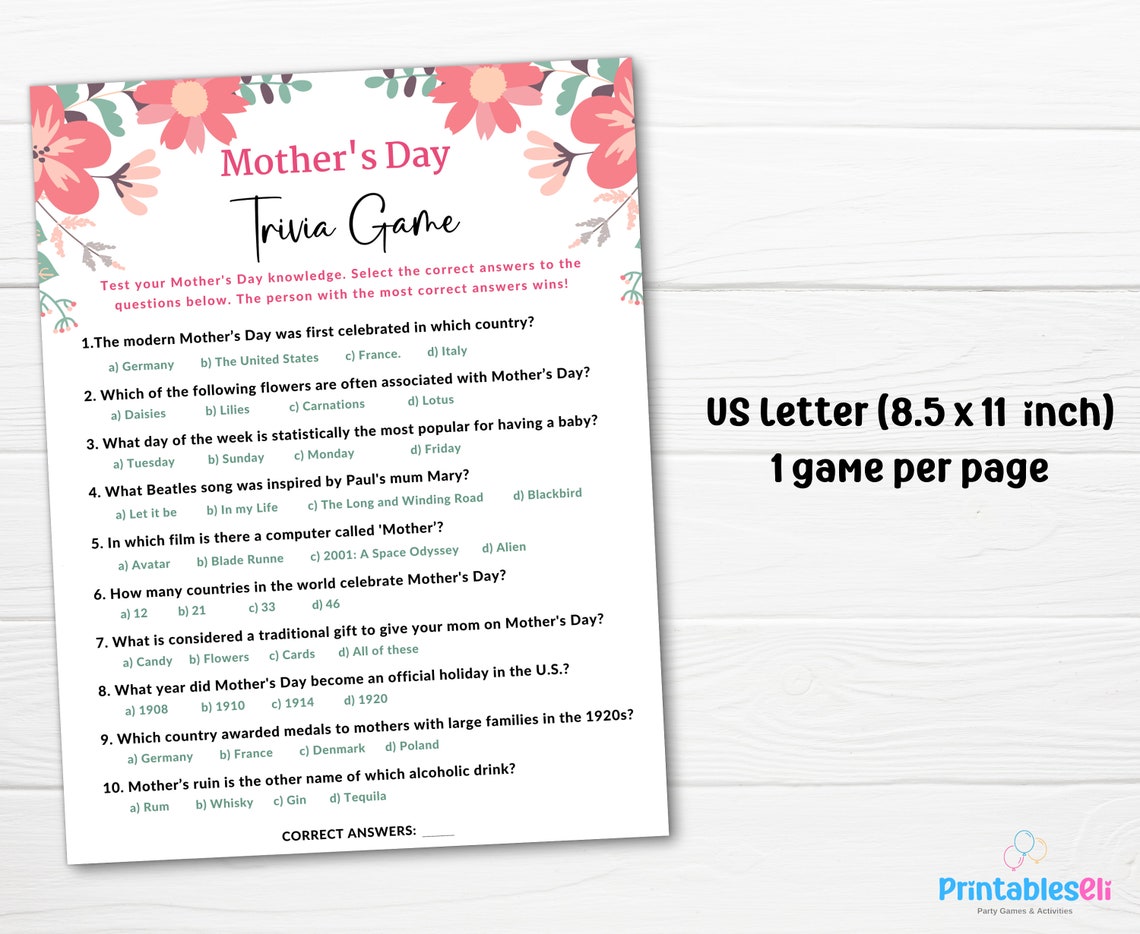 Mother's Day Trivia Game Printable Mothers Day Quiz - Etsy