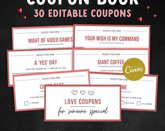Bewerkbare sjabloon liefdescouponboek, afdrukbaar couponboek, liefdescoupons, coupons voor koppels voor haar, jubileumcadeau, cadeau voor haar