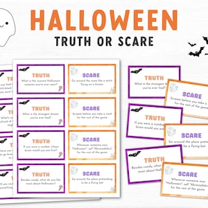 Juego de verdad o miedo de Halloween, juego de fiesta de Halloween para niños, juego de Halloween imprimible, juego de cartas familiares de Halloween, Halloween imprimible