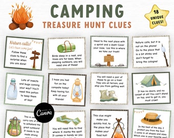 Editable Camping Scavenger Hunt for kids, Outdoor Treasure Hunt clues, Camping game printable, Printable Scavenger Hunt Clues, Family Game