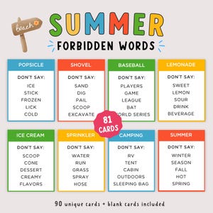 May include: A Summer Forbidden Words game set featuring 81 cards in a pink circle graphic and 90 unique cards total. The design includes eight colorful category boxes with forbidden words like Popsicle, Shovel, Baseball, Lemonade, Ice Cream, Sprinkler, Camping, and Summer, each listing five restricted terms below.