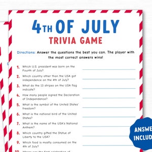Fourth of July Trivia Game, 4th of July Printable Game, Printable Family Party Games, Patriotic Game, Classroom activity, Adult Trivia