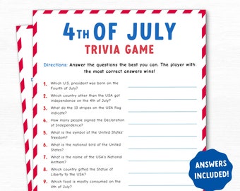 Juego de trivia del 4 de julio, juego imprimible del 4 de julio, juegos de fiesta familiar imprimibles, juego patriótico, actividad en el aula, trivia para adultos