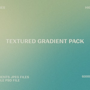 Puede incluir: Un paquete de degradados texturizados con 10 archivos JPEG y 1 archivo PSD editable. Los degradados son en tonos de verde y azul, con una textura granulada. La imagen es de 6000x6000 píxeles y 72 DPI.