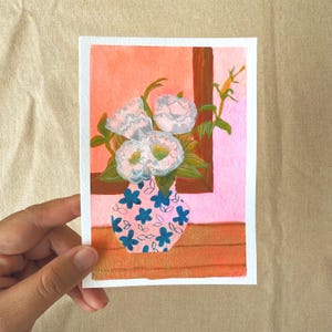 Flowers in Vase Still Life | Small Floral Painting | Kitchen Gallery Wall | Flowers in Chinoiserie Vase Art | Small Watercolor Collage Art