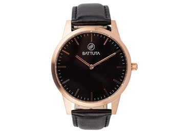Rose Gold Stainless Steel Watch: Black Dial, Leather Strap