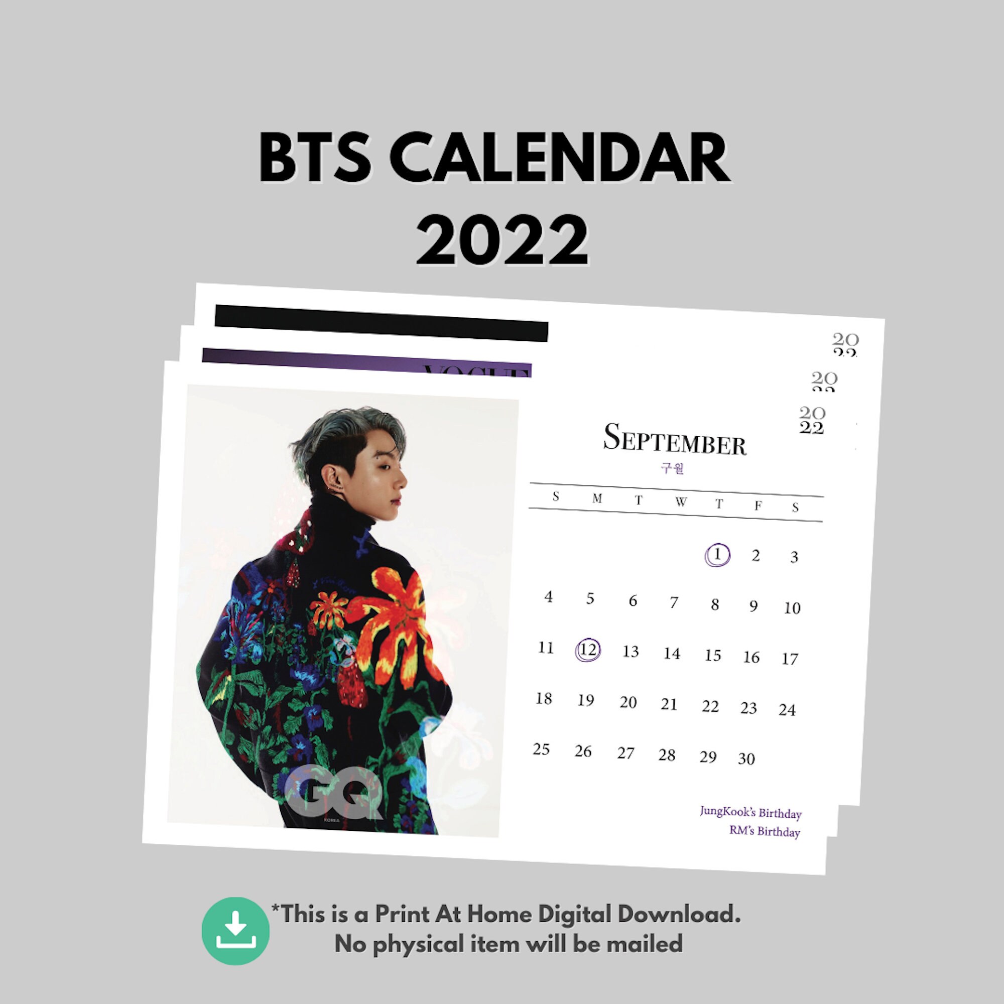 bts printable calendar 2022 digital download print at home etsy canada