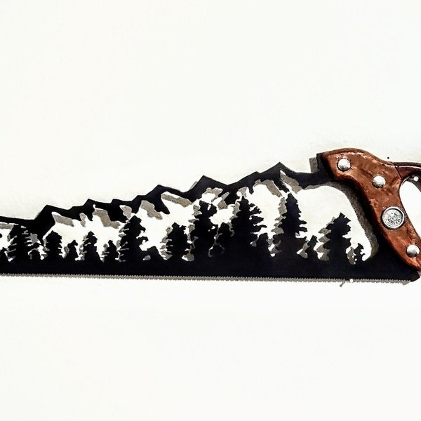 Mountain scene Antique Hand Saw- plasma cut art man cave Father’s Day vintage antique reclaimed rustic handmade patina unique gift hand cut