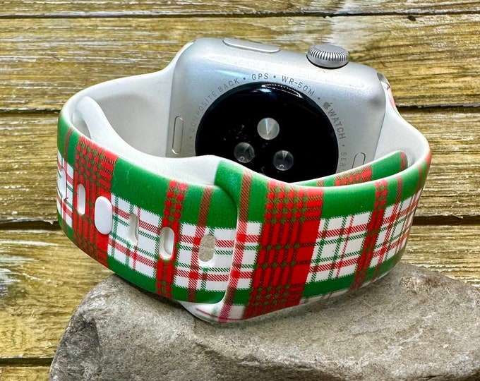 Holiday Plaid Watch Band for Apple Watch Silicone Christmas Holiday Winter  38mm 40mm 41mm 42mm 44mm 45mm  Red Green Plaid  A101