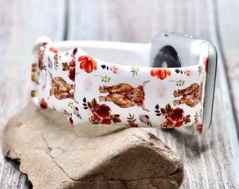 Highland cow and Flowers watch band for Apple Samsung Flowers western boho Women iwatch strap 40mm 41mm 42mm 44mm 45mm Gifts for her