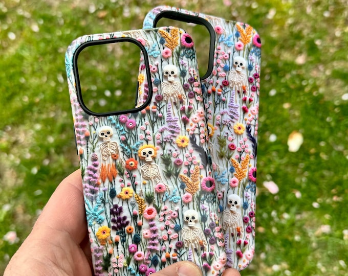 Halloween Phone Case, Vintage Skeletons in Bloom Embroidered Look Floral Charm Phone Cover, Gothic Cottagecore, iPhone Mag Safe Samsung Gift