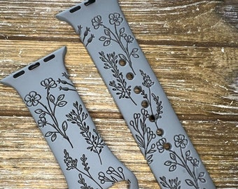 Personalized Wildflowers Watch Band for Apple  Silicone laser Engraved flowers Personalized 38mm 40mm 41mm 42mm 44mm 45mm