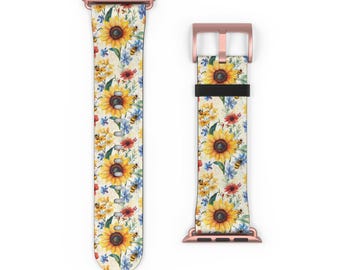 Womens Floral Apple Watch Band Strap: Faux Leather Sunflower Design 38-49mm Series 1-11