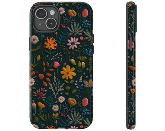 Vintage dunkelgrüne Blumen Stickerei Cottagecore Handyhülle | Zarte Boho Blumen | Dark Academia | MagSafe | iPhone | Pixel | Samsung