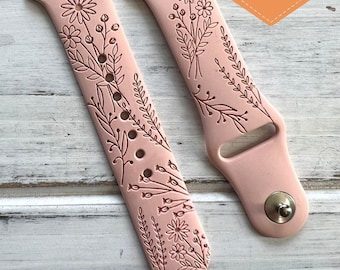 Wildflower silicone band laser engraved, apple watch compatible 38/40/41mm, 42/44/45mm, series 1,2,3,4,5,6,7,8,9,se,se2 gift