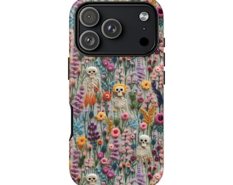 Vintage Skeletons in Bloom Phone Case iPhone 17 16 Samsung Embroidered Floral Charm Phone Cover Halloween Cottagecore Halloween Phone Case