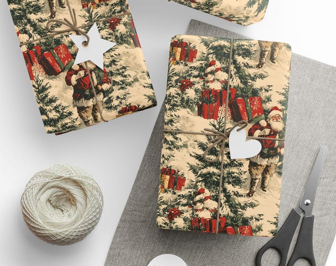 Vintage christmas wrapping paper Toile Gift Wrap Santa Holiday Gift Wrapping Paper Christmas Gift Wrap Xmas Wrapping Paper Roll