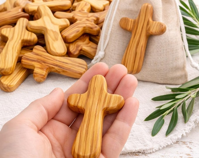 Wooden Pocket Cross Olive Wood Comfort Cross, Christian Gift for Baptism, Christening, Confirmation, Religious Gift, Easter Basket Gift
