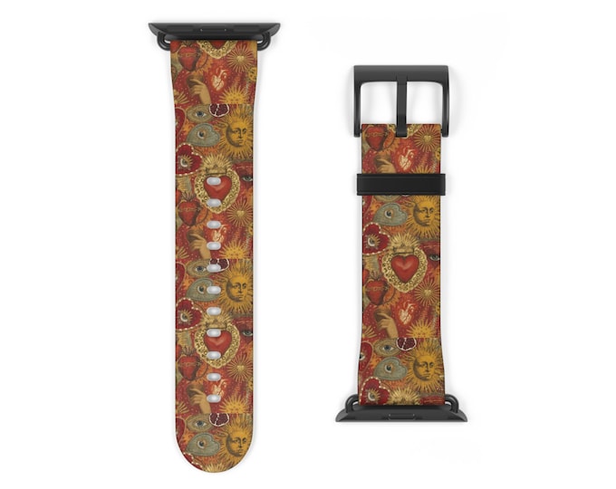Vintage Sacred Heart Mosaic Apple Watch Band - Floral Red Faux Leather