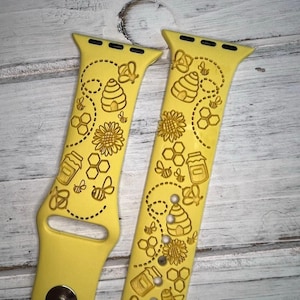 Apple Watch Band: Bees and Sunflowers Design - Silicone, Engraved