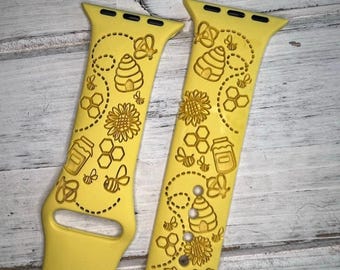 Apple Watch Band: Bees and Sunflowers Design - Silicone, Engraved