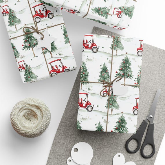 Golf Gift Wrapping Paper Roll, Christmas Gift Wrap for Him, Glossy Golf Cart Gift Wrap - Holiday Golf Gift Wrap, Golf Themed Wrapping Paper,