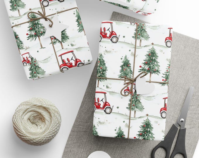 Golf Gift Wrapping Paper Roll, Christmas Gift Wrap for Him, Glossy Golf Cart Gift Wrap - Holiday Golf Gift Wrap, Golf Themed Wrapping Paper,