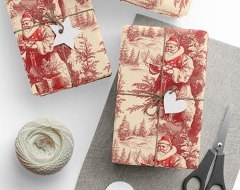 Vintage Santa Christmas Gift Wrap - Victorian Holiday Wrapping Paper Roll, Xmas Toile Design, Vintage Christmas Gift Wrap