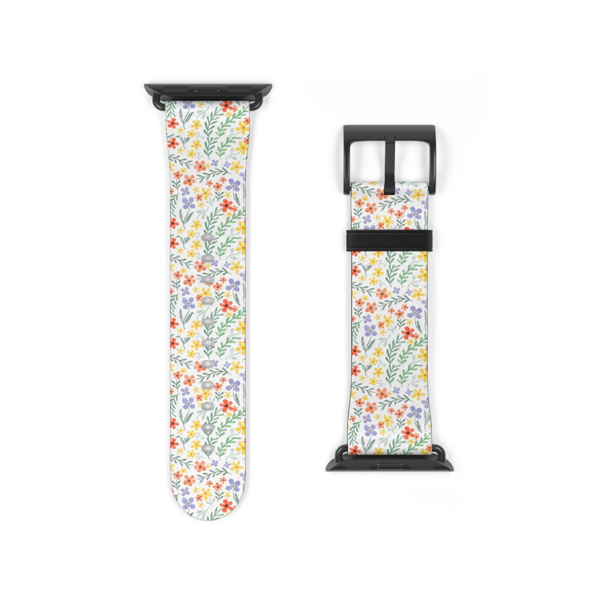 Watch Band, Floral Wildflowers Strap for Apple Watch, Women's Vegan Leather, Series 1-11, 38-49Mm, Stylish Accessory for Her, Spring Floral