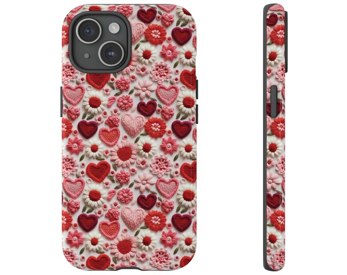 Hearts Flowers Valentine Embroidery iPhone Samsung Phone case Tough Cases