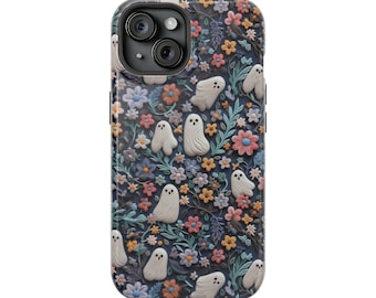 Halloween Phone Case for | iPhone 15 14 13 12 SE Mini | Clay Effect Ghosts and Flowers | Spooky Ghosts Floral Phone Case |  MagSafe