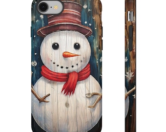 Vintage Christmas Snowman Phone Case with Wood Board Effect | 3D Holiday Design for iPhone 16-14 & Samsung S24-S22