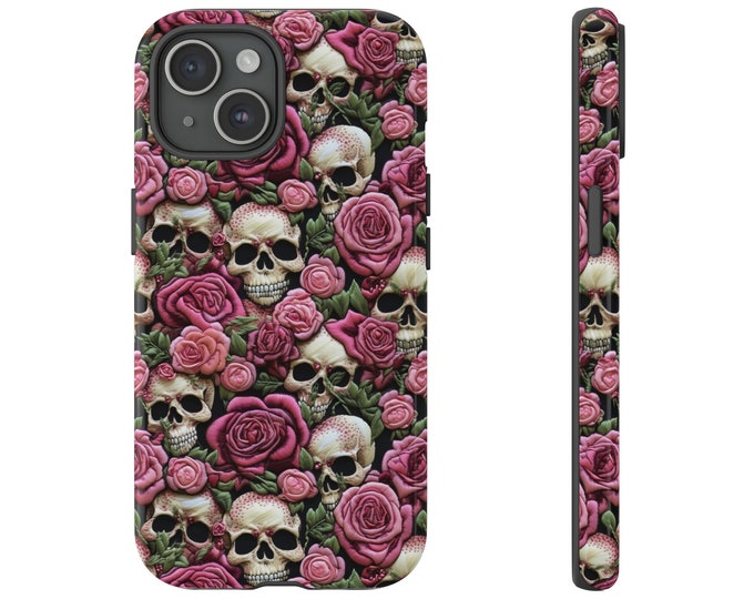 Floral Halloween Phone Case iPhone | Pixel | Samsung | Embroidered Floral Charm Phone Cover | Cottagecore Vintage Skeletons Skulls