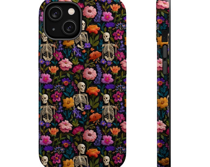 Vintage Skeletons Floral Phone Case: Embroidered Charm, Halloween Cottagecore