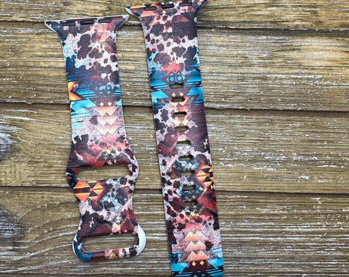 Western cowhide watch band for apple watch 41mm, western aztec boho cow print iwatch strap 38mm 41mm 42mm, 44mm, 45mm 49mm gift
