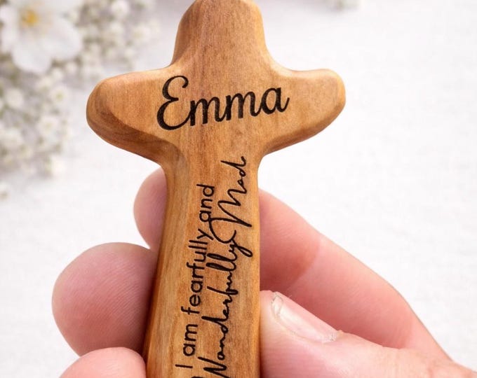 Wooden Pocket Cross, Personalized Olive Wood with Name or Bible Verse, Custom Engraved Scripture Christian Gift, Baptism / Sympathy Keepsake