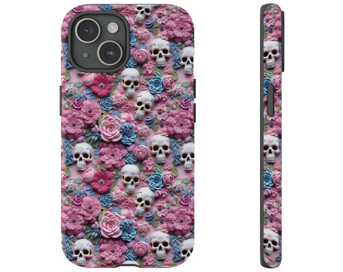 Skeletons Skulls Phone case Floral iPhone | Pixel | Samsung | Embroidered Floral Charm Phone Cover | 3D effect