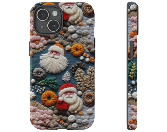 Christmas Santa Phone Case Embroidered Effect Cottagecore Christmas Phone Cover iPhone 15 14 13 12  11 Google Pixel Samsung