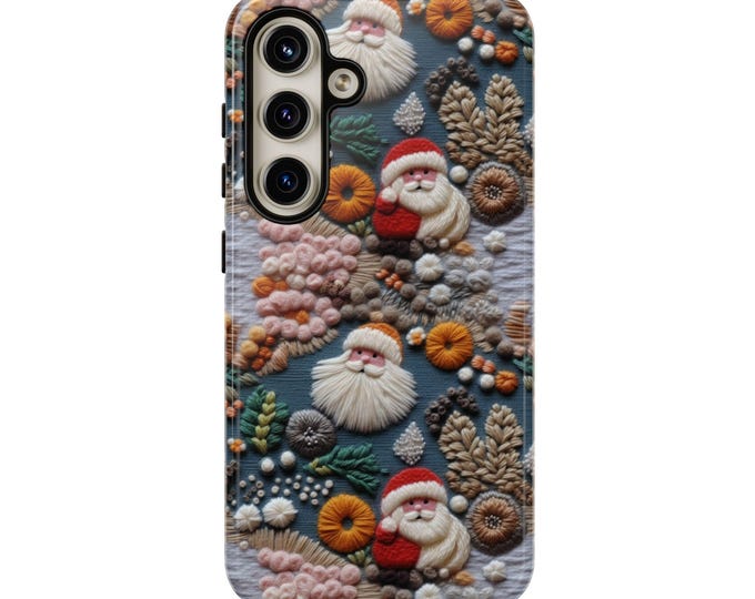 Christmas Santa Claus Phone Case Embroided Cottagecore iPhone 17 16 15 Google Pixel 9 8 7 Samsung S25 S24 S23 Tough Case