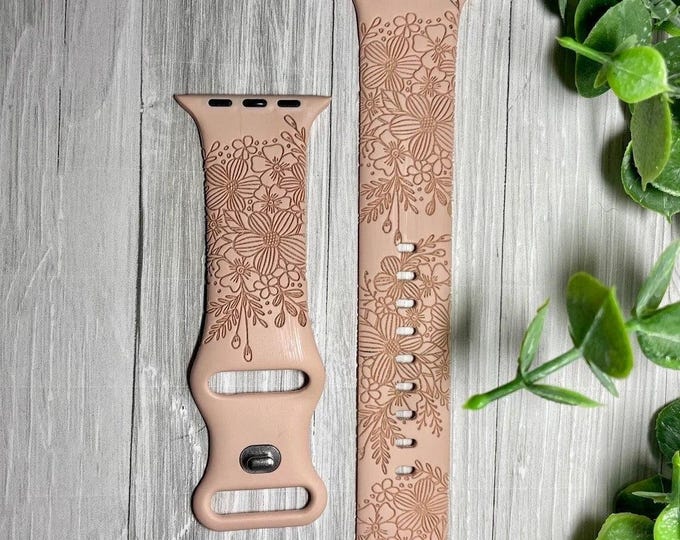 Floral watch band for apple watch silicone band laser engraved 38/40/41mm, 42/44/45/49mm, series 1,2,3,4,5,6,7,8 gift