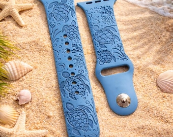 Personalized Sea Turtle Apple Watch Band: Engraved Silicone Strap, Nature Lover Gift