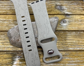 Wildflower print apple watch band: silicone, laser engraved 38/40/41/42/44/45/49mm gift