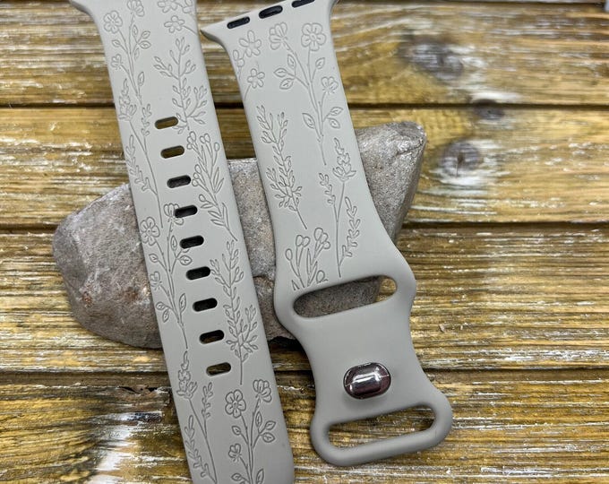 Wildflower print apple watch band: silicone, laser engraved 38/40/41/42/44/45/49mm gift
