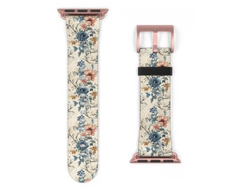 Baroque Floral Apple Watch Band: Vintage Blue Vegan Leather Strap