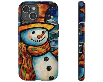 Christmas Snowman Phone Case for iPhone Case 15 14 13 12 11 Samsung S24 23 22 21 Pixel 7 8 Faux Stained-Glass Holiday Gift Winter Phone Case