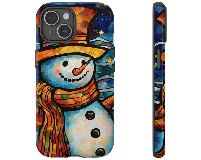 Christmas Snowman Phone Case for iPhone Case 15 14 13 12 11 Samsung S24 23 22 21 Pixel 7 8 Faux Stained-Glass Holiday Gift Winter Phone Case