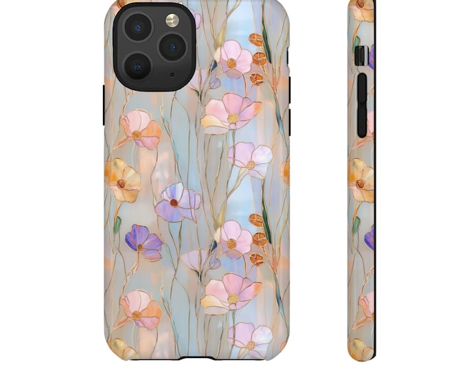 Floral Stained Glass Effect iPhone 16 Pro Plus 15 14 13 Pro Max Plus Cases | Rose Gold and Pastel Colored Wildflowers | Samsung s24, Pixel 9