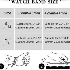 Puede incluir: Una gu&iacute;a de tallas de correas de reloj con el texto "WATCH BAND SIZE" en la parte superior. La gu&iacute;a muestra tallas para correas de reloj de 38 mm/40 mm y 42 mm/44 mm, con medidas de mu&ntilde;eca en pulgadas y mil&iacute;metros. Incluye ilustraciones.