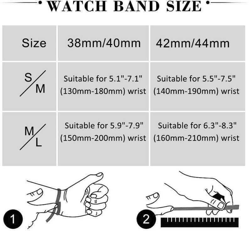 Puede incluir: Una gu&iacute;a de tallas de correas de reloj con el texto "WATCH BAND SIZE" en la parte superior. La gu&iacute;a muestra tallas para correas de reloj de 38 mm/40 mm y 42 mm/44 mm, con medidas de mu&ntilde;eca en pulgadas y mil&iacute;metros. Incluye ilustraciones.