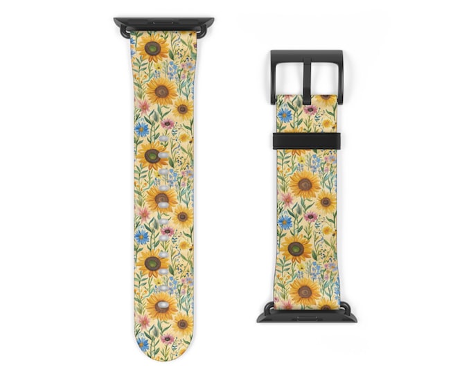 Floral Sunflowers Watch Band, Apple Watch Band, Sunflower Design, 38mm 40mm 41mm 42mm 44mm 45mm 49mm, Womens Watch Strap, Replacement Band